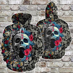 Skull tattoo colorful seamless pattern hoodie 3d